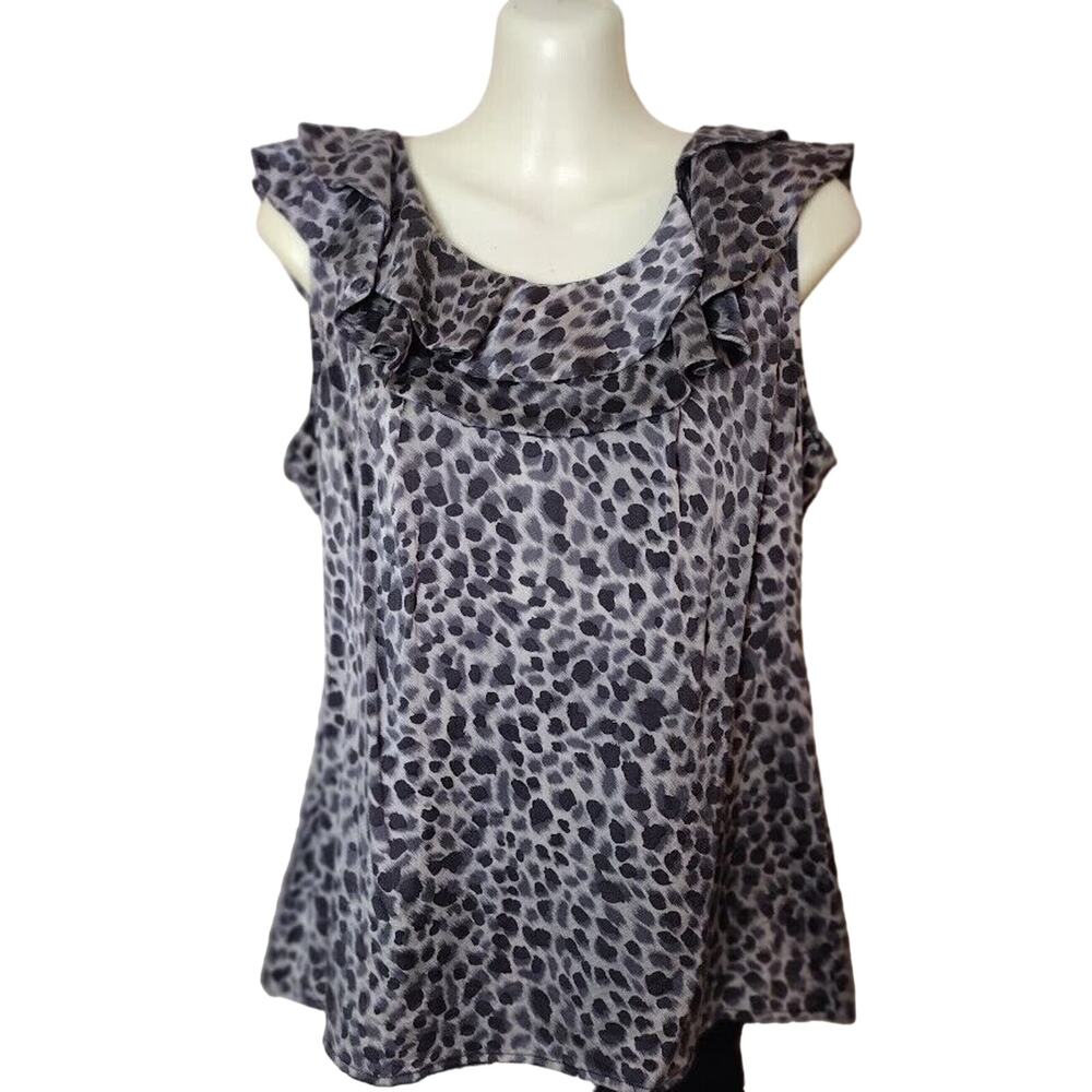 Ann‎ Taylor, Sz M Sleeveless Ruffled Top Silk/Spandex Top, Blk/Gray/Wht